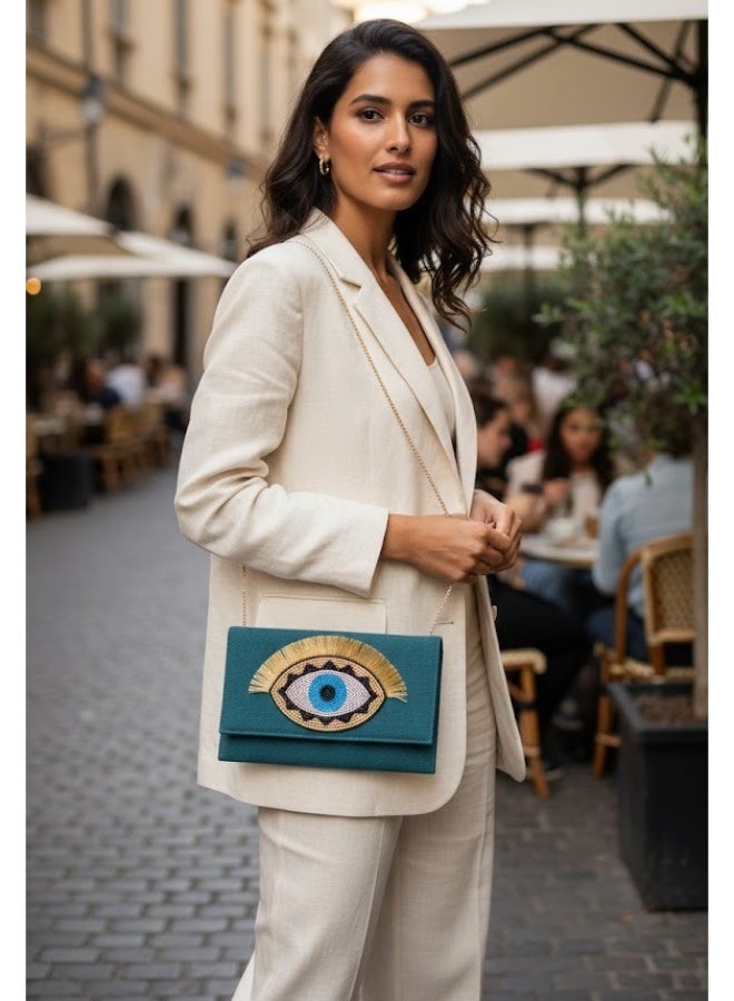 zoba Elegant women's wallet bag with a gold chain - can be worn crossbody or clutch - distinctive and luxurious eye design for outings and occasions (Turquoise) - Image 3